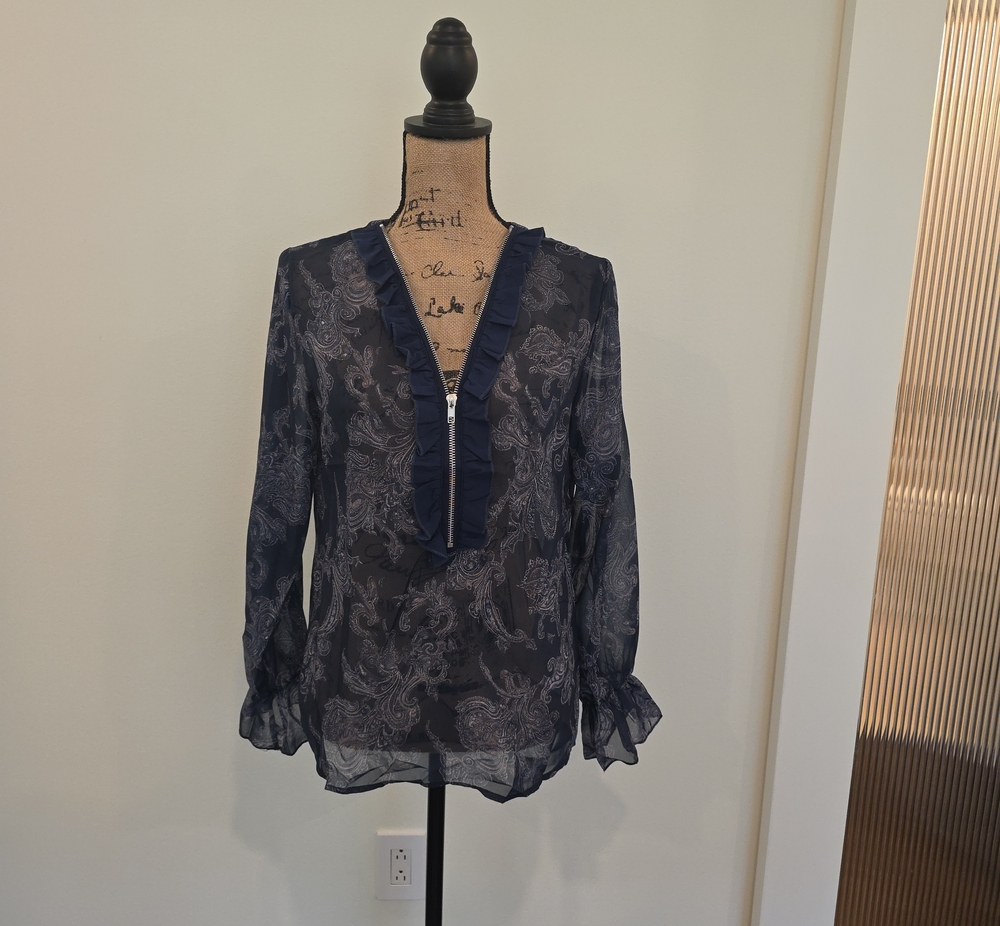 New HALARA Navy Paisley Sheer Ruffle V-Neck Blouse